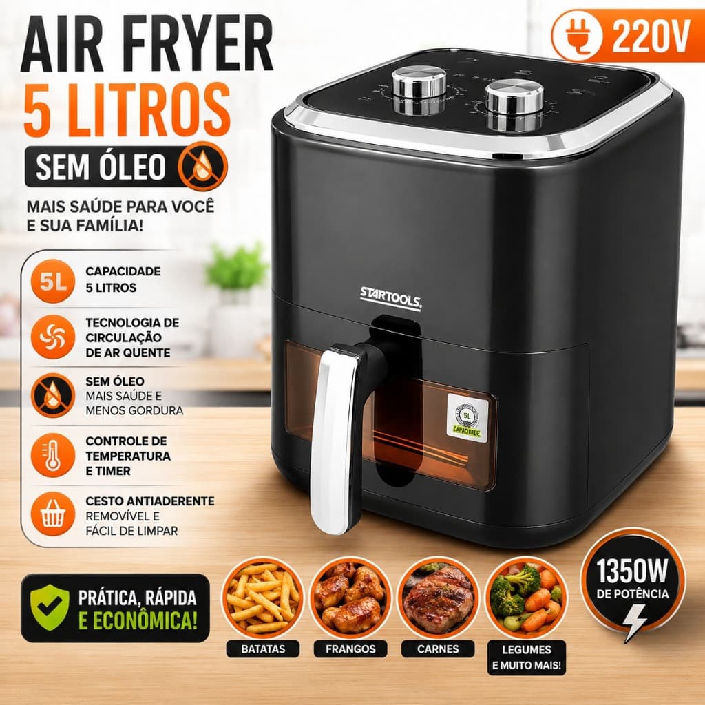Fritadeira Elétrica Air Fryer Digital 5 Litros Sem Óleo Preta Alta Capacidade Econômica