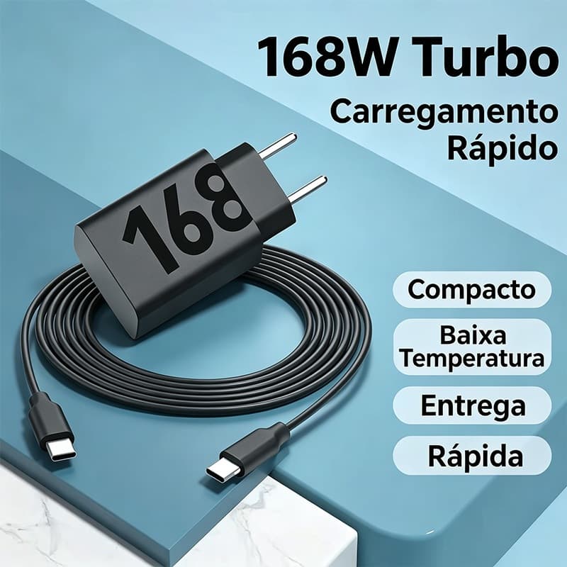Adaptador Carregador Turbo 168W Tipo C - Carregamento Rápido de Alta Potência para Celular e Tablets