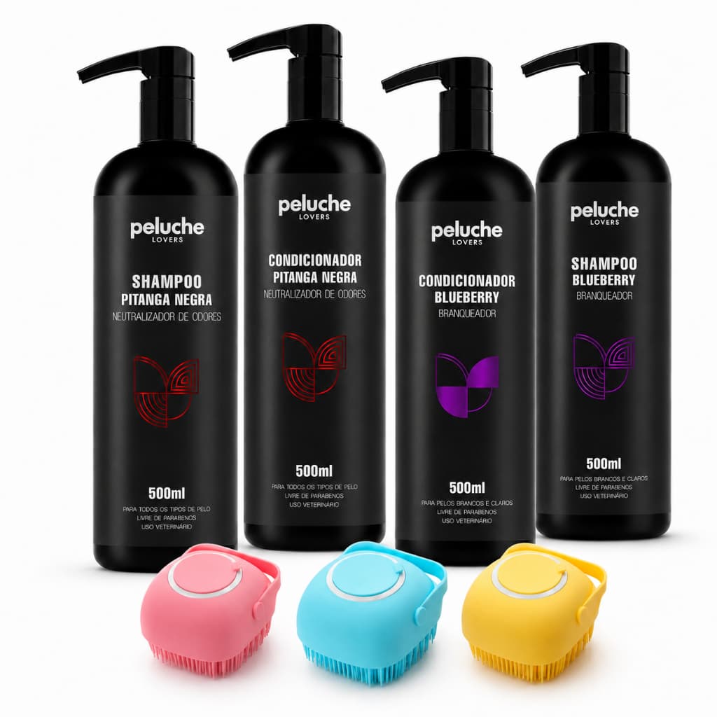 Shampoo e Condicionador Pet 500ml Branqueador Blueberry ou Pitanga Negra Peluche Cães
