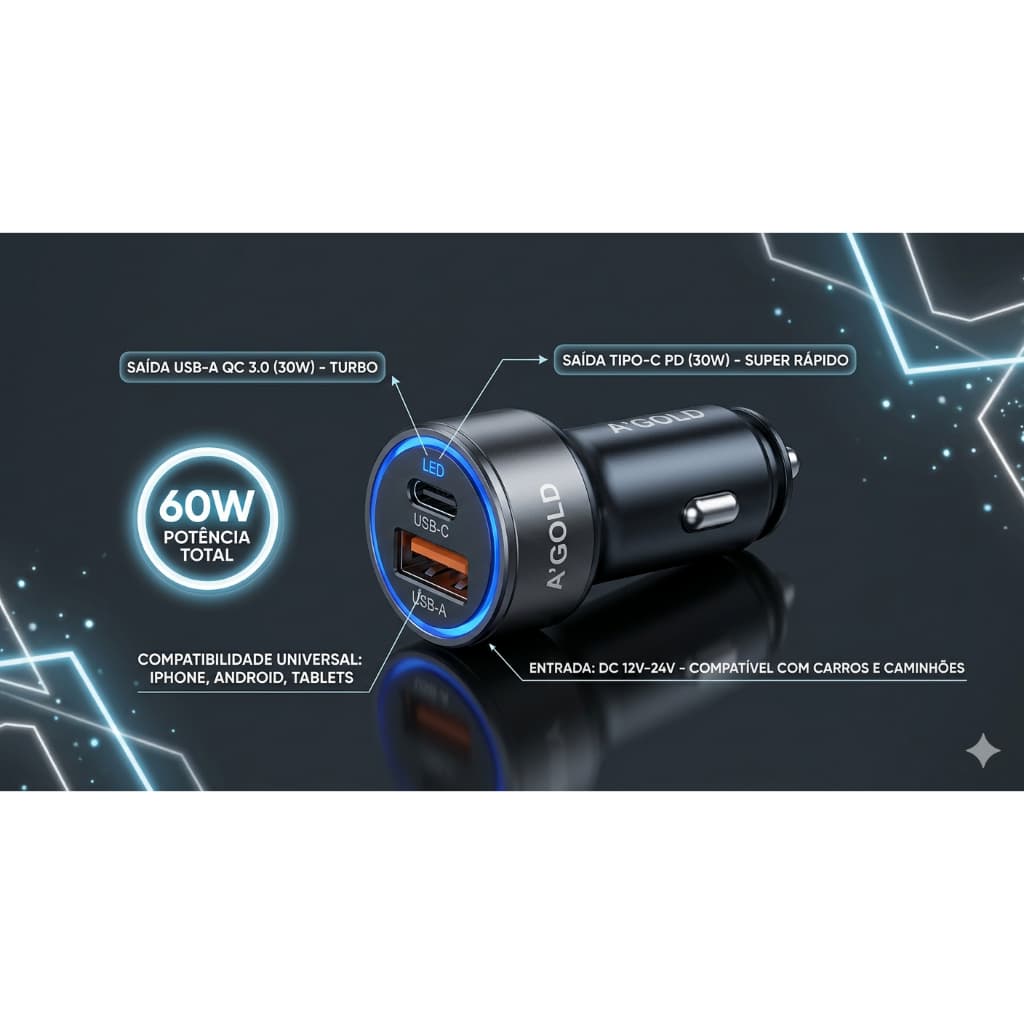 Kit Carregador Veicular Turbo 60W A'Gold Pro + Cabo Tipo-C Carga Rápida Original