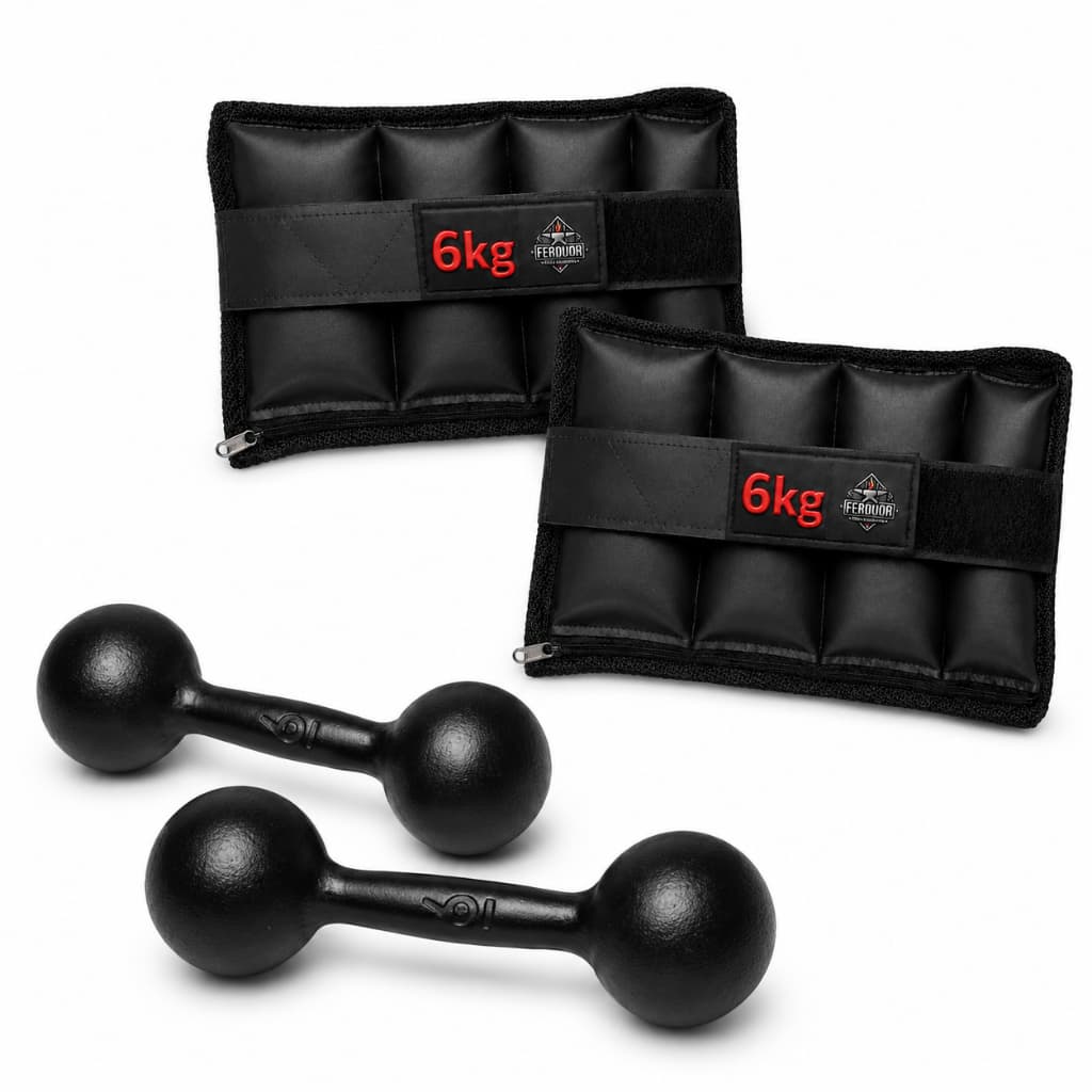 KIT PAR CANELEIRAS REGULÁVEIS 6KG CADA + PAR HALTERES BOLA 6KG CADA MUSCULAÇÃO FITNESS ACADEMIA TREINO EXERCÍCIOS