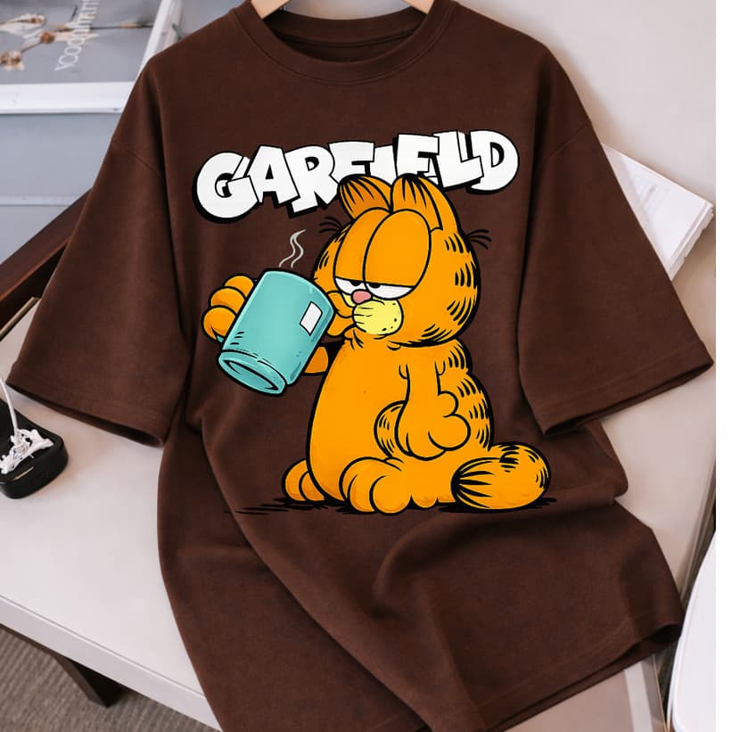 Camiseta Camisa Feminina 100% Algodão Garfild Cafe Fofo Treino Academia Musculação Fitness Oversized