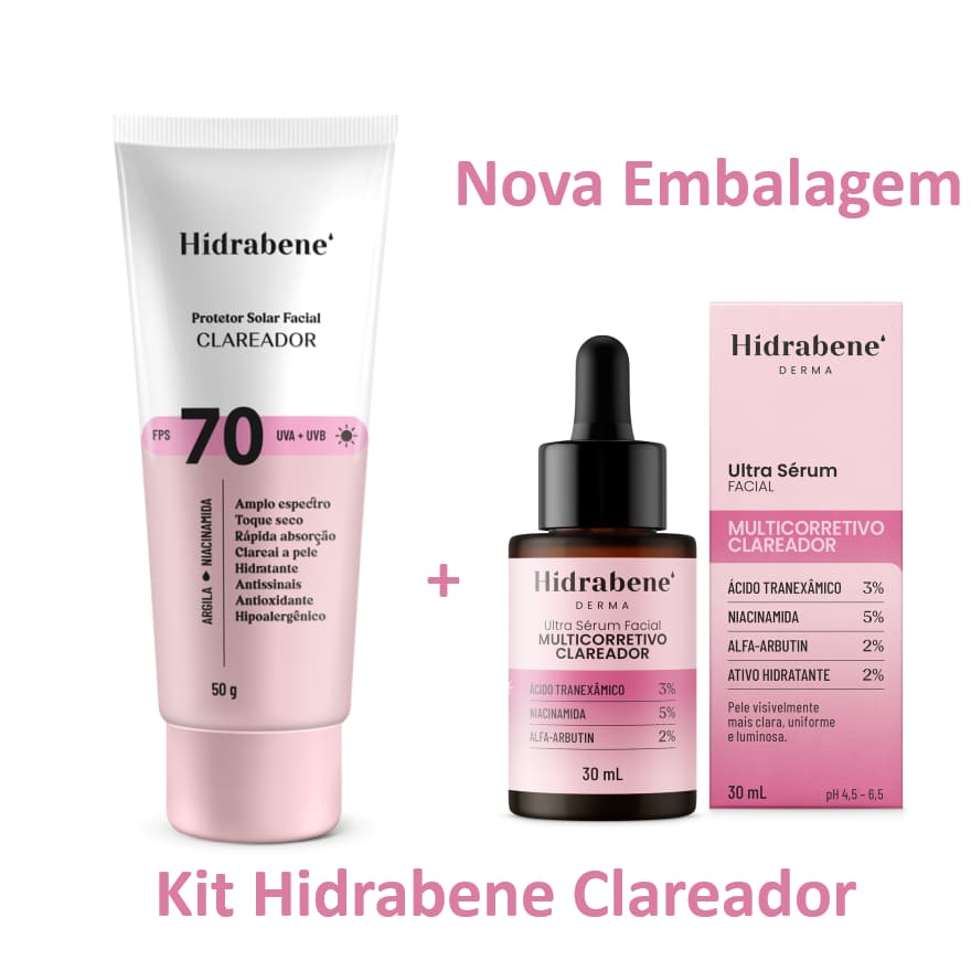 Kit Clareador de Manchas Faciais Hidrabene 1 Protetor Solar Facial 70 Clareador Hidrabene  + 1 Sérum Clareador Hidrabene