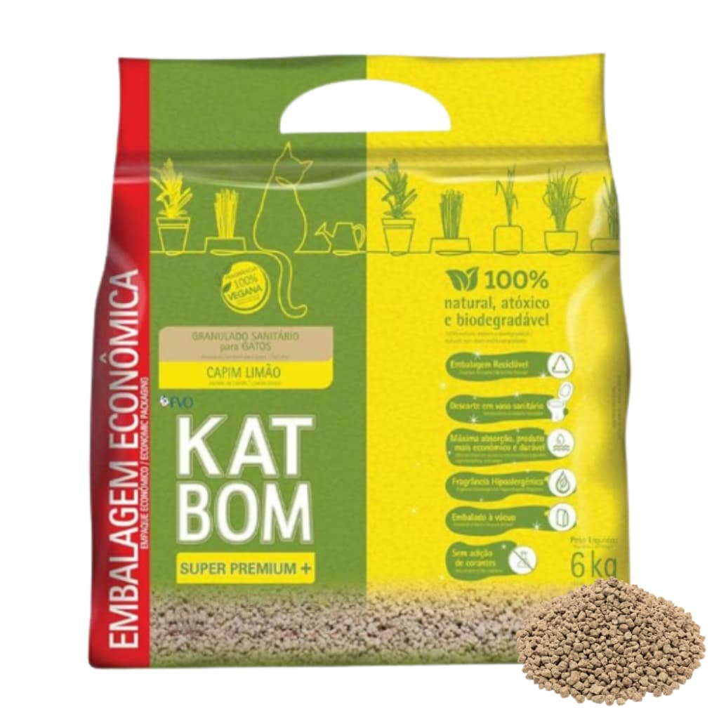 Areia Sanitária Higiênica Granulado para Gatos Natural Biodegradável Premium Katbom Capim Limão 6 Kg