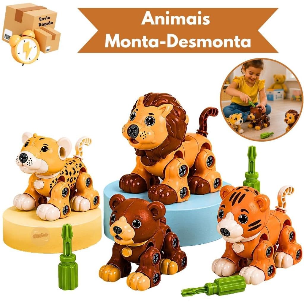 Animais Monta e Desmonta Infantil com Chave Educativa Leão Tigre Urso Onça Brinquedo Educativo para Crianças