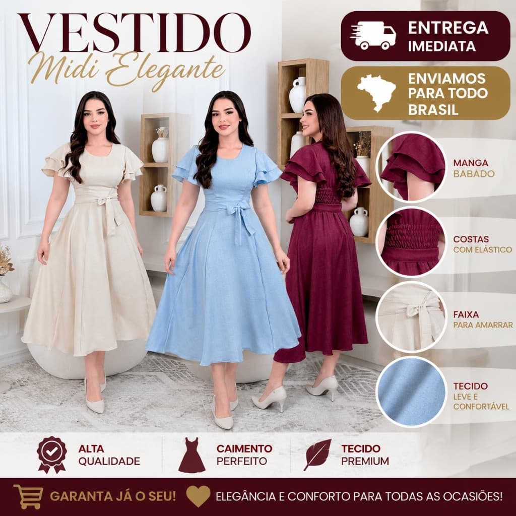 Vestido Feminino Midi Elegante Manga Babado com Faixa na Cintura | Moda Evangélica Casual Social