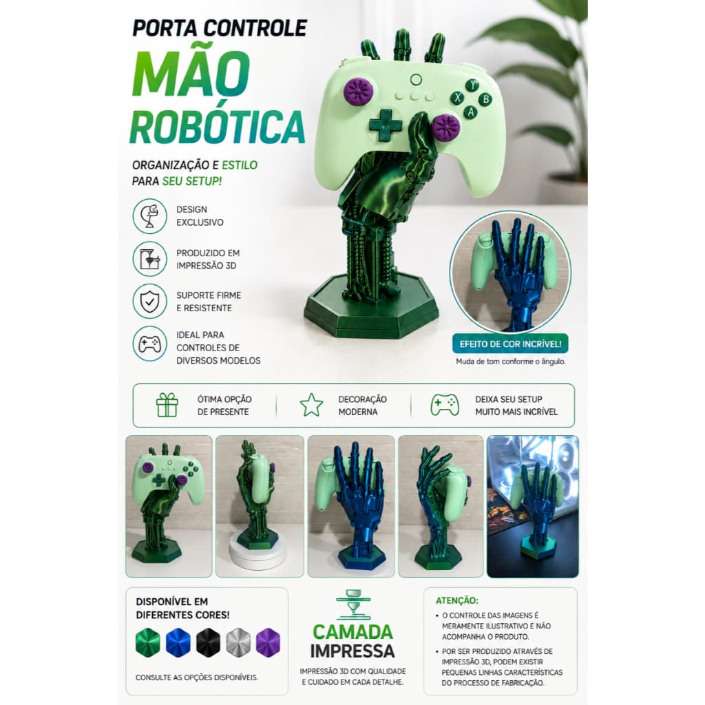 Suporte para Controle Gamer Mão Robótica Universal Porta Controle Videogame Impressão 3D