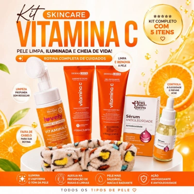 kit skin care, vitamina C, cuidados com a pele, limpeza facial, hidratação e revitalização+ serum+sabonete+esfoliante.