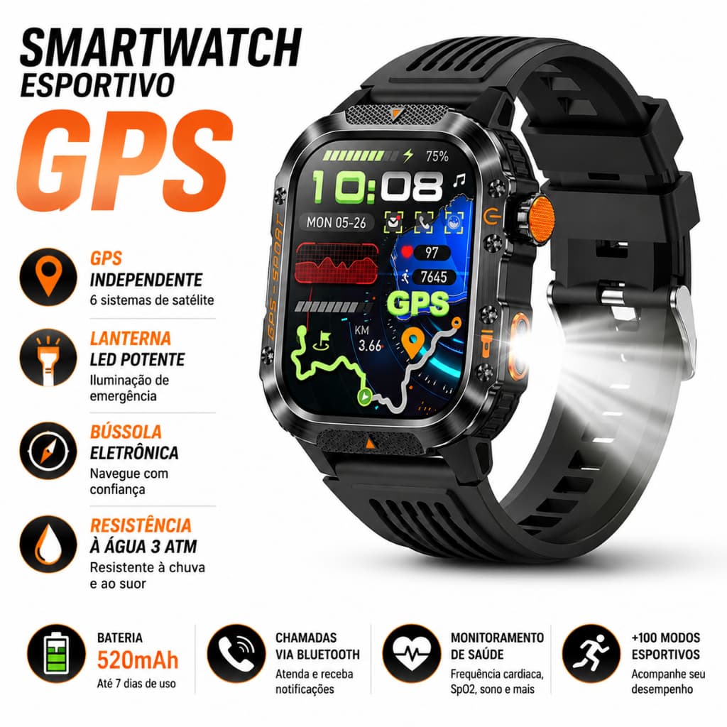 Relógio Inteligente Smartwatch 2.01'' GPS Bluetooth Chamada Lanterna Bateria 520mAh 3ATM,Monitoramento completo da saúde
