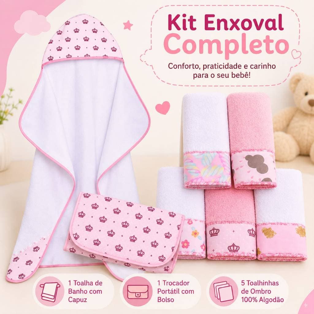 Kit Enxoval Bebê Toalha Capuz + Trocador Portátil + 5 Toalhinhas Ombro 100% Algodão