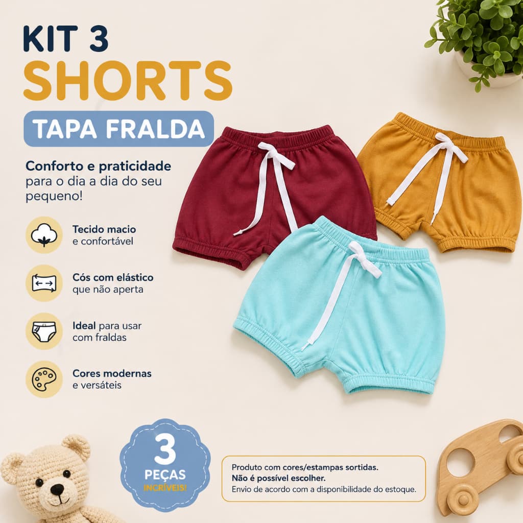 KIT 3 SHORTS TAPA FRALDA MENINO MALHA ANTIALÉRGICO ALGODÃO DESFRALDE CRECHE BERMUDINHAS