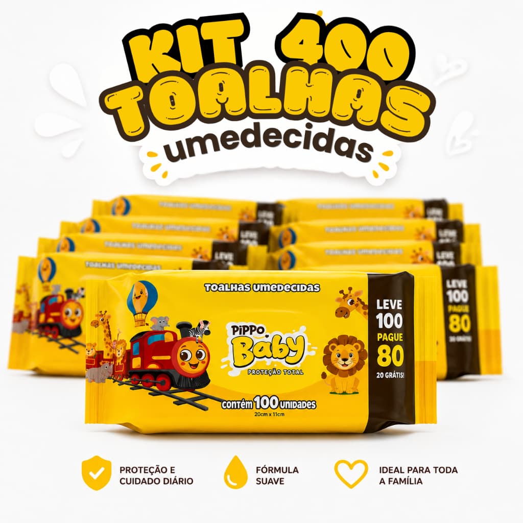 Kit 4 Pacotes de Lenço Umedecido Pippo Baby C 100 Toalhas Sem Alcool Hipoalergenico Higiene Infantil