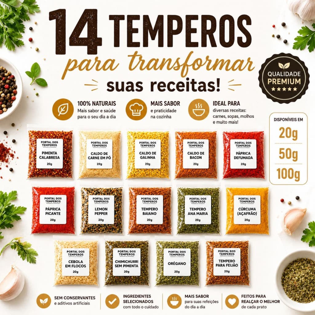 Kit 14 Temperos Variados 20g 50g 100g Especiarias para Cozinha Culinária Churrasco Carnes Receitas e Alimentos