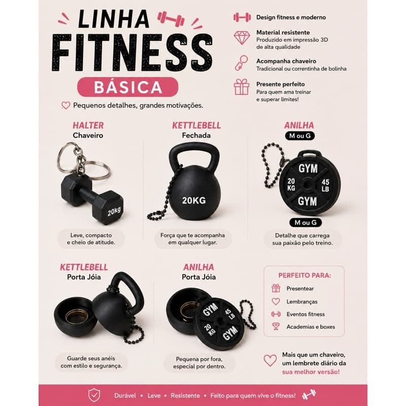 Chaveiro Fitness Academia Mini Halter Kettlebell Anilha e Porta-Joias