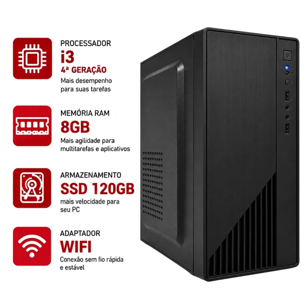 Desktop CPU Intel i3 De 4ª Geração 8gb Ram Ddr3 SSD 120gb Computador Torre Com Wifi e Cabo De Força