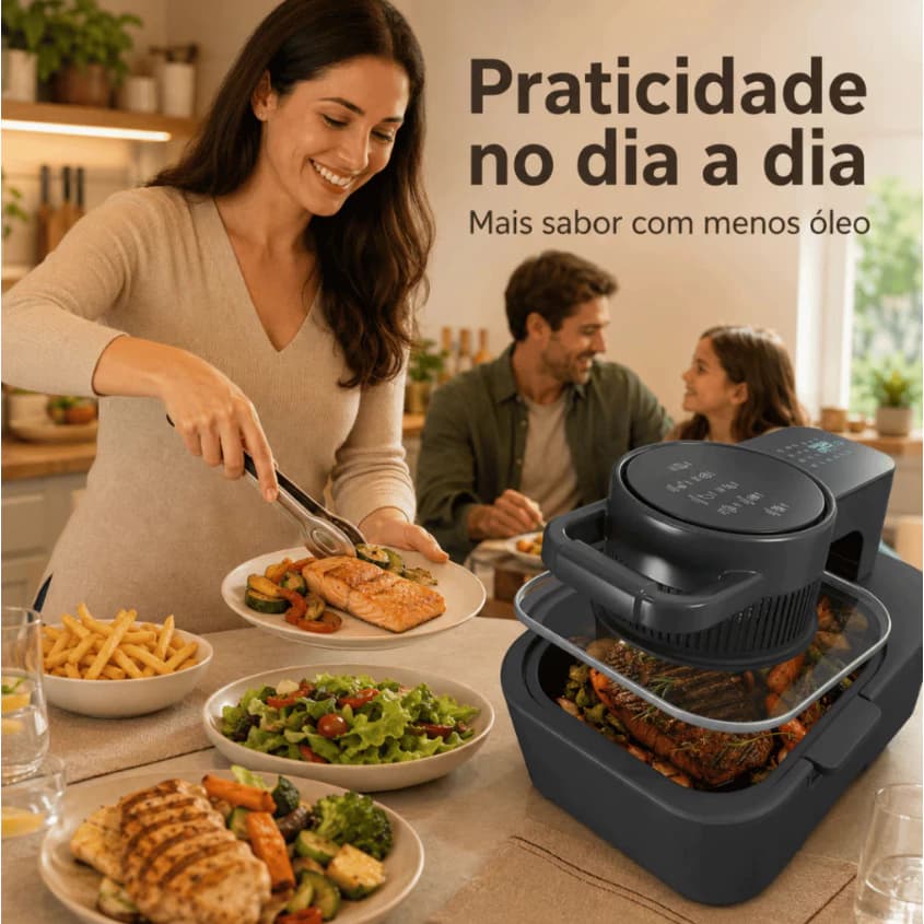 Fritadeira Air Fryer 220V 8 Modos Automáticos com Visor Transparente, Painel Digital Touch, Sem Óleo e Cesto Removível