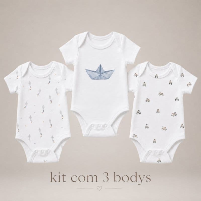 Kit 3 Bodys Bebê 100% Algodão Extra Macio Suedine Manga Curta Menino Enxoval