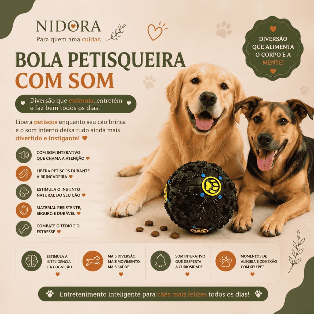 Brinquedo Interativo para Cachorro Bola Petisqueira com Som – Dispenser de Ração e Petiscos para Cães
