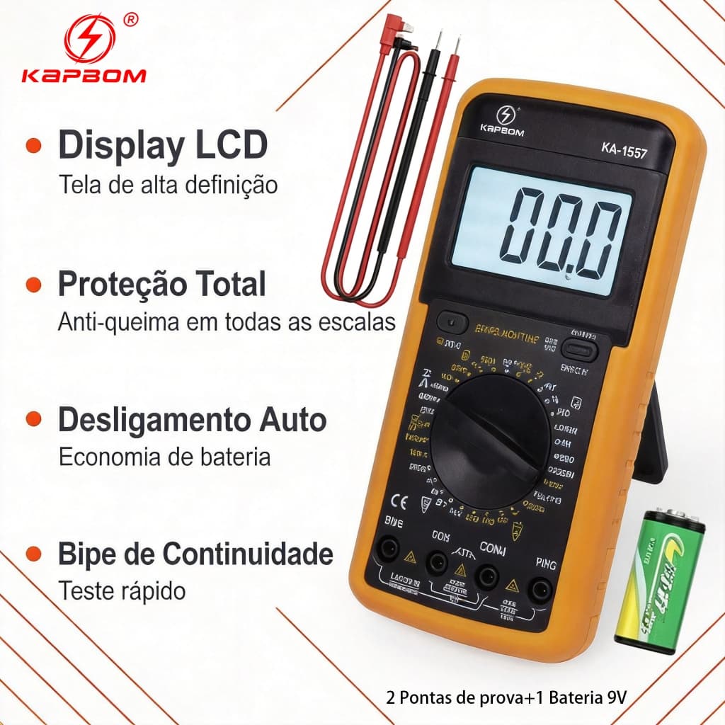 Multímetro Digital KA-1557 Anti Queima Multimetro para Eletricista Manutenção Com Pontas e Bateria