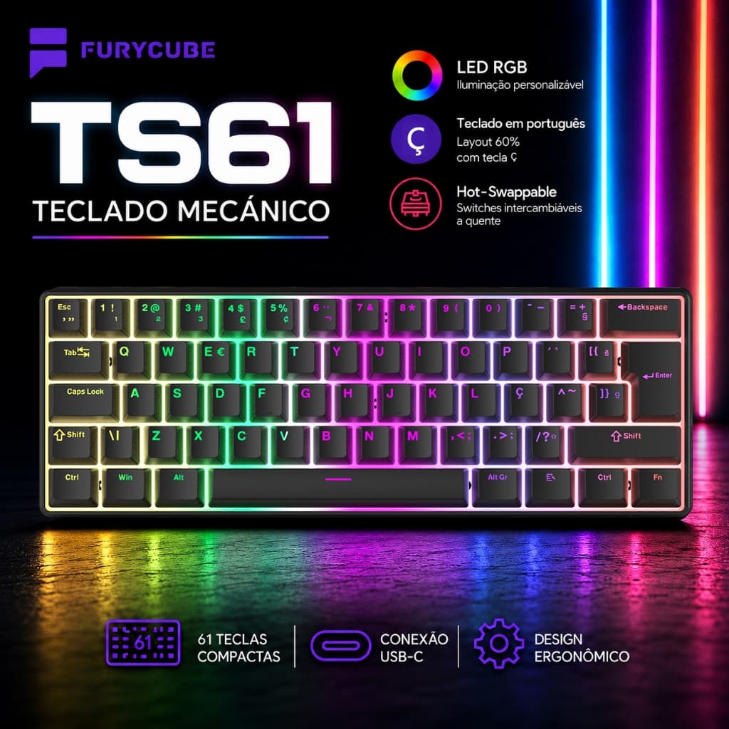 Teclado Gamer Mecânico 60% TS61 ABNT2 Switch Red ou Brown RGB e NKRO para PC, Notebook e MAC Jogos e Escritório