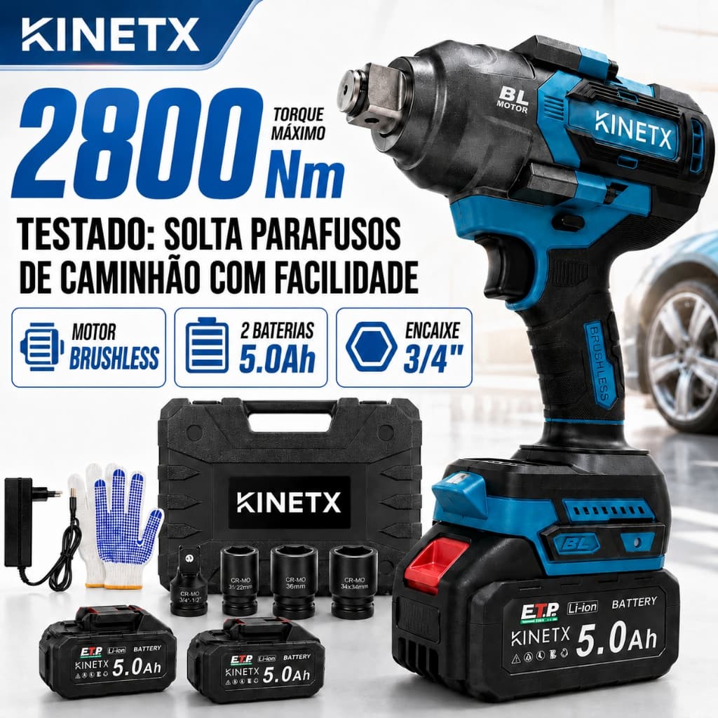 2800Nm Chave De Impacto A Baterias*2-5.0Ah Brushless Parafusadeira e Furadeira Elétrica 3/4" 1/2" Bivolt KINETX