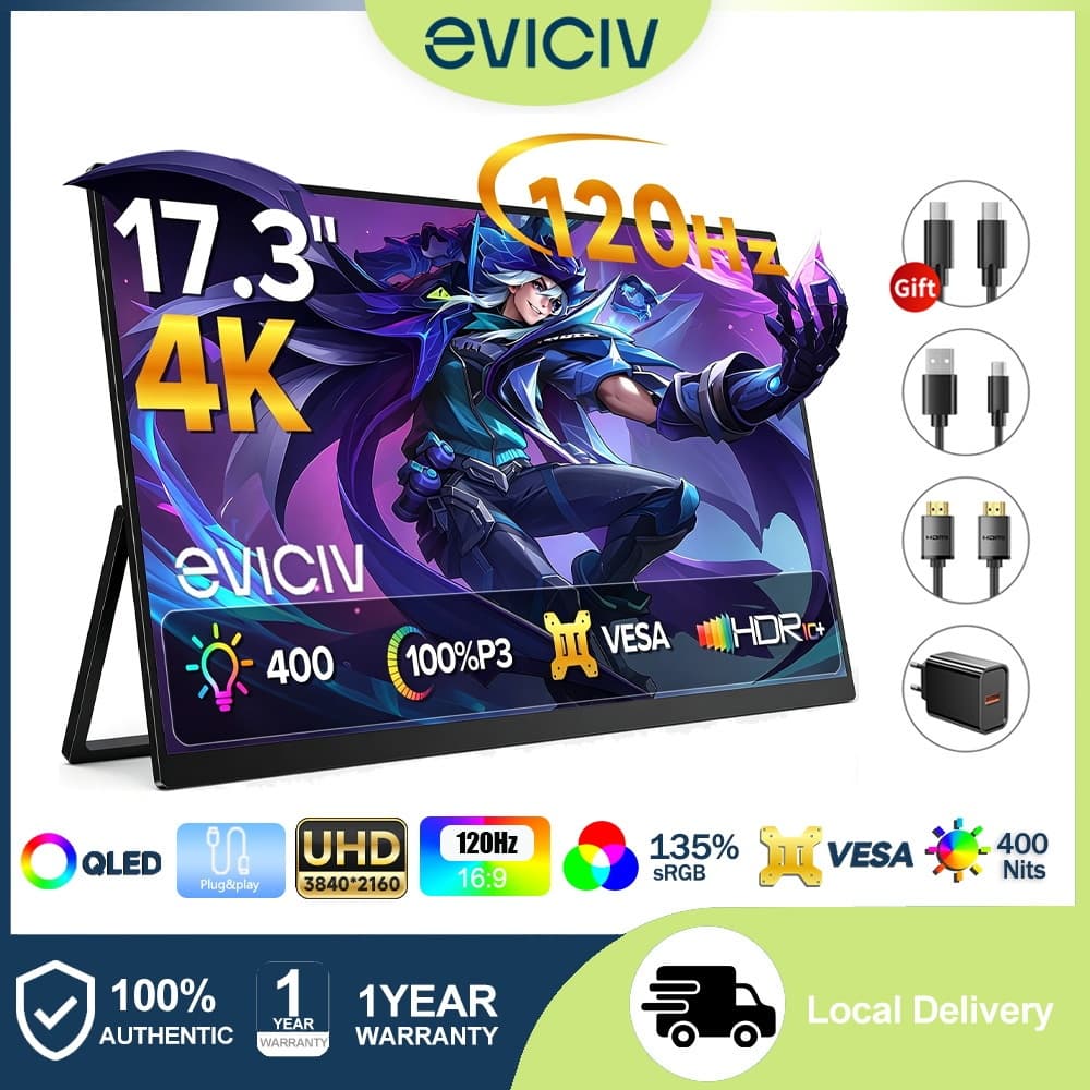 EVICIV Monitor Portátil Gamer 17,3" 4K 120Hz 100%DCI-P3 400 Nits QLED Fosco HDR VESA para Notebook PS5 Switch Designer