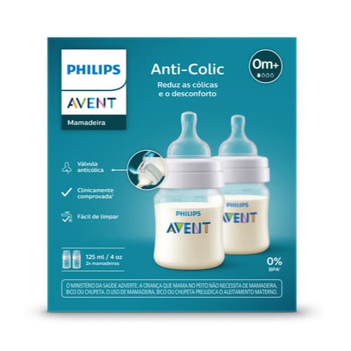 Kit 2 Mamadeira Anti-colic Classica Avent Transparente 125ml Mamadeira Bebê RN 0+M Bico Extra Lento Anticólica