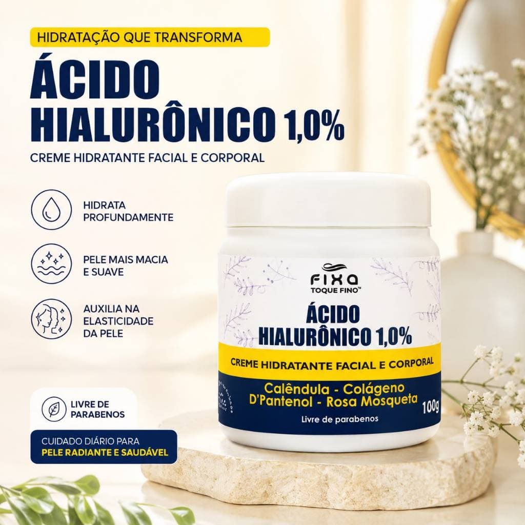 Creme Ácido Hialurônico 100G  Anti Rugas Colágeno E Rosa Mosqueta Hidratante Facial Reduz Linhas De Expressão
