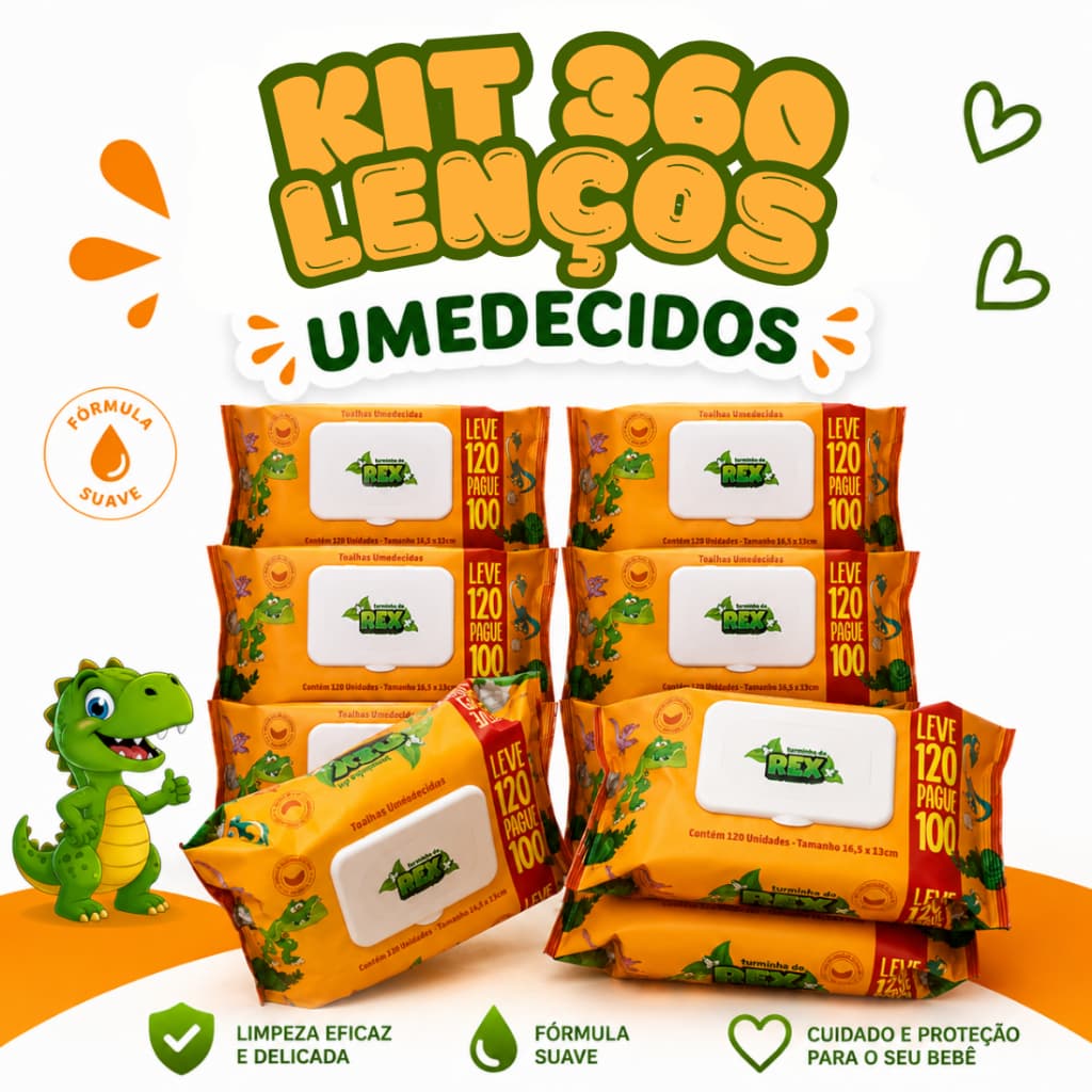 Kit 3 Pacotes Toalhas Umedecidas Turmina do Rex Lenço Infantil Higiene Bebê RN Neném Menina Menino