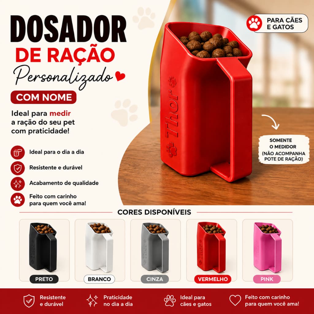 Dosador de Ração Personalizado com Nome para Cachorro e Gato Varias Cores