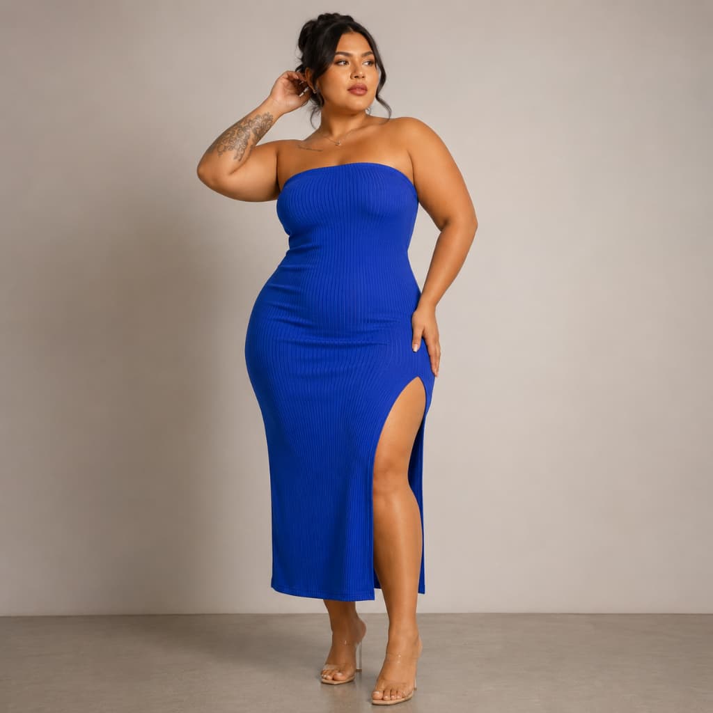 Vestido Midi Plus Size Feminino Tomara Que Caia Com Fenda Mid Tubinho Canelado Anarruga Gringa Tendência Elegante