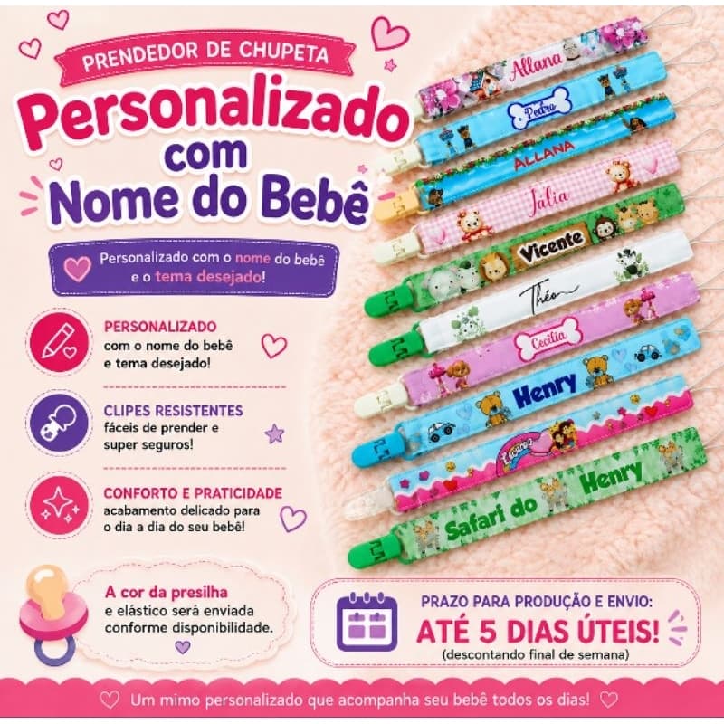 Prendedor de Chupeta/ Prendedor de Bico Personalizado com Nome do Bebê | Várias Cores e Temas | Lembrancinha