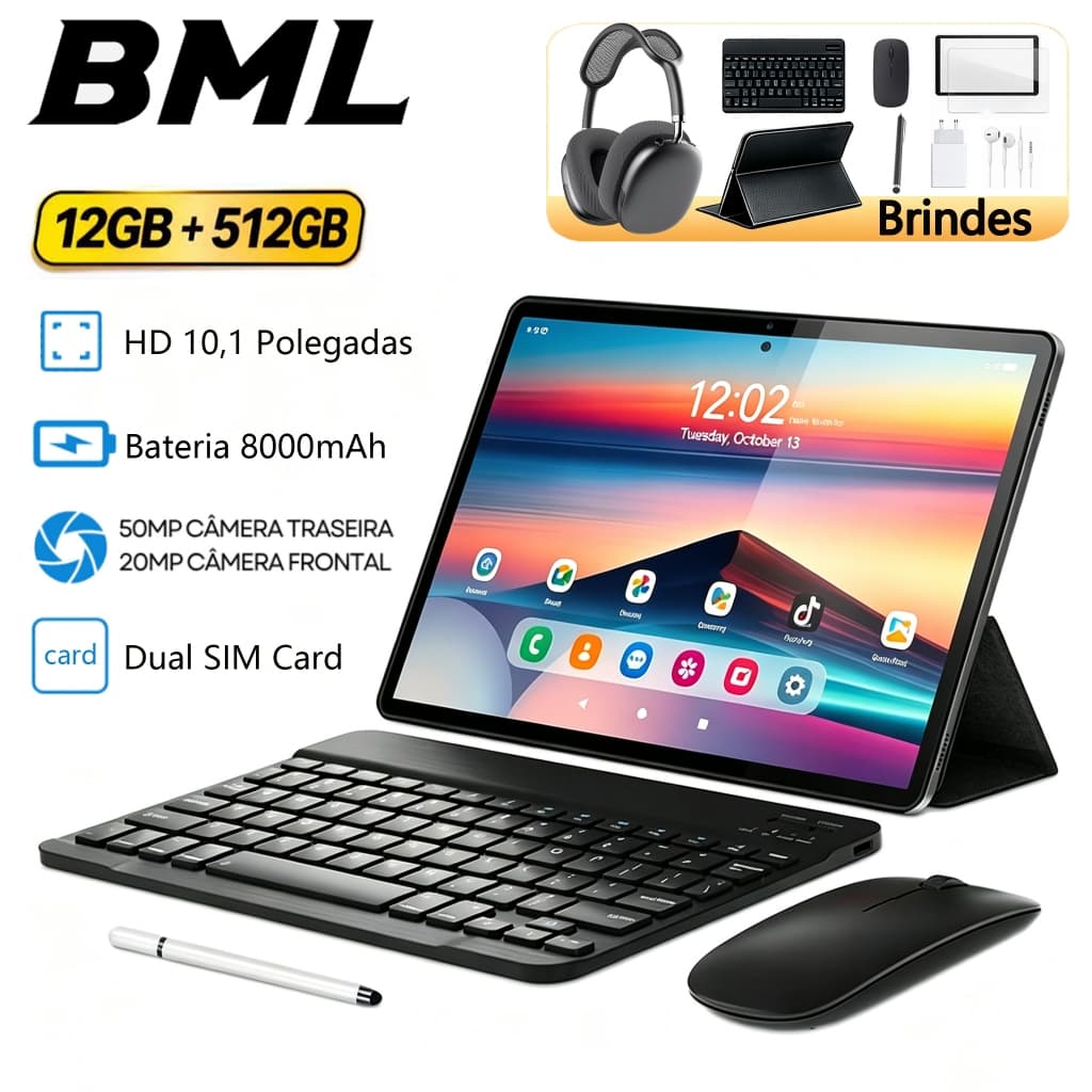 BML Tablet A9 -10.1 "inch 5G Dual SIM 12GB+512GB Android 14 8000mAh Ideal para Estudos e Jogos Combo com Teclado e Mouse