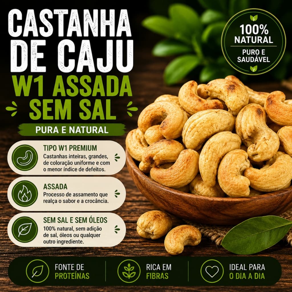 Castanha de Caju W1 Assada Sem Sal Granel-200g-500g Empório Rosa Rica em Fibras e Fonte de Proteínas Snack Saudável