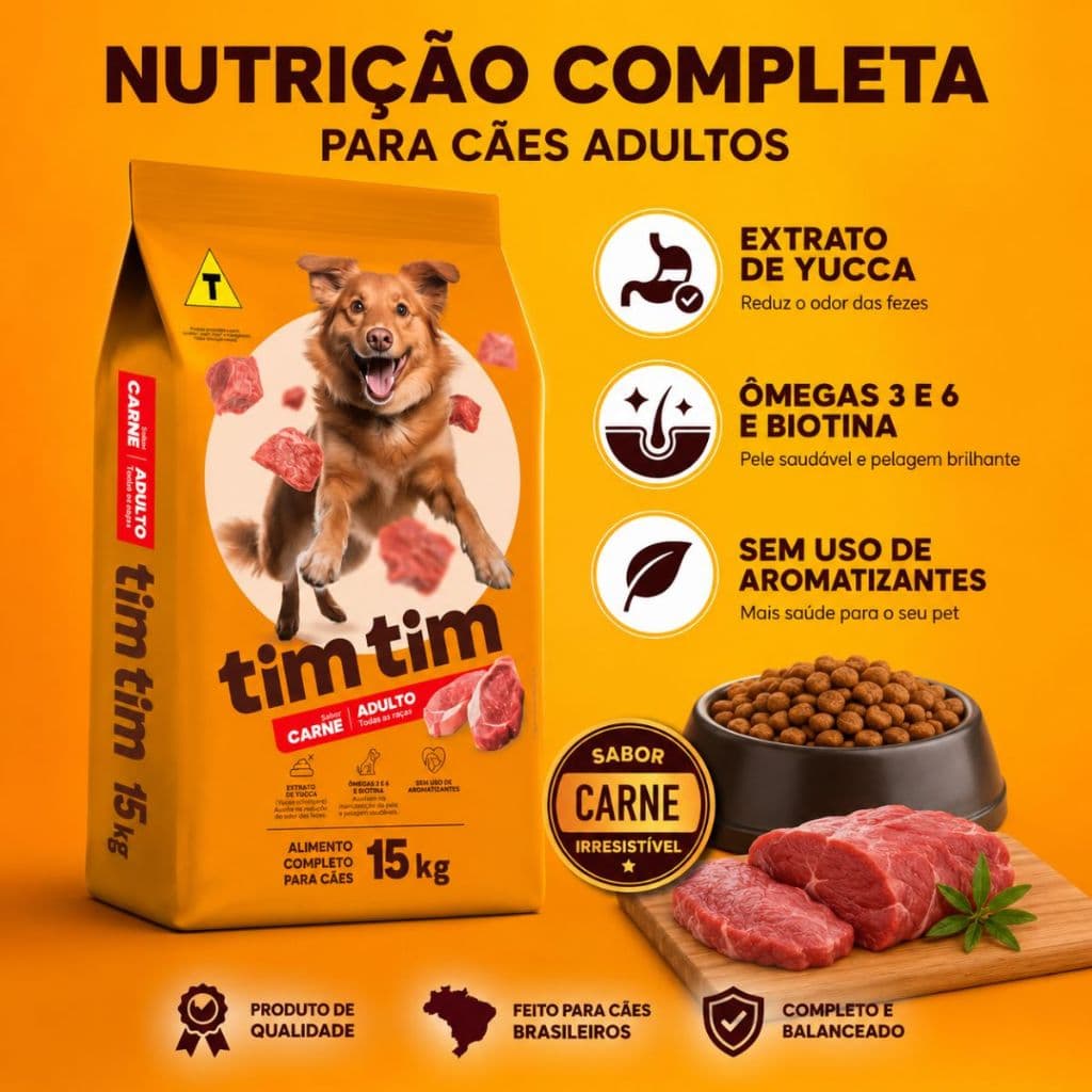 Ração Cachorro Adulto Tim Tim 15kg Sabor Carne Completa Todas As Raças