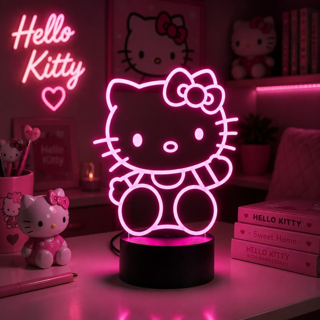 Luminária Led 3d | Hello Kitty | Abajur Infantil Menina Multicores