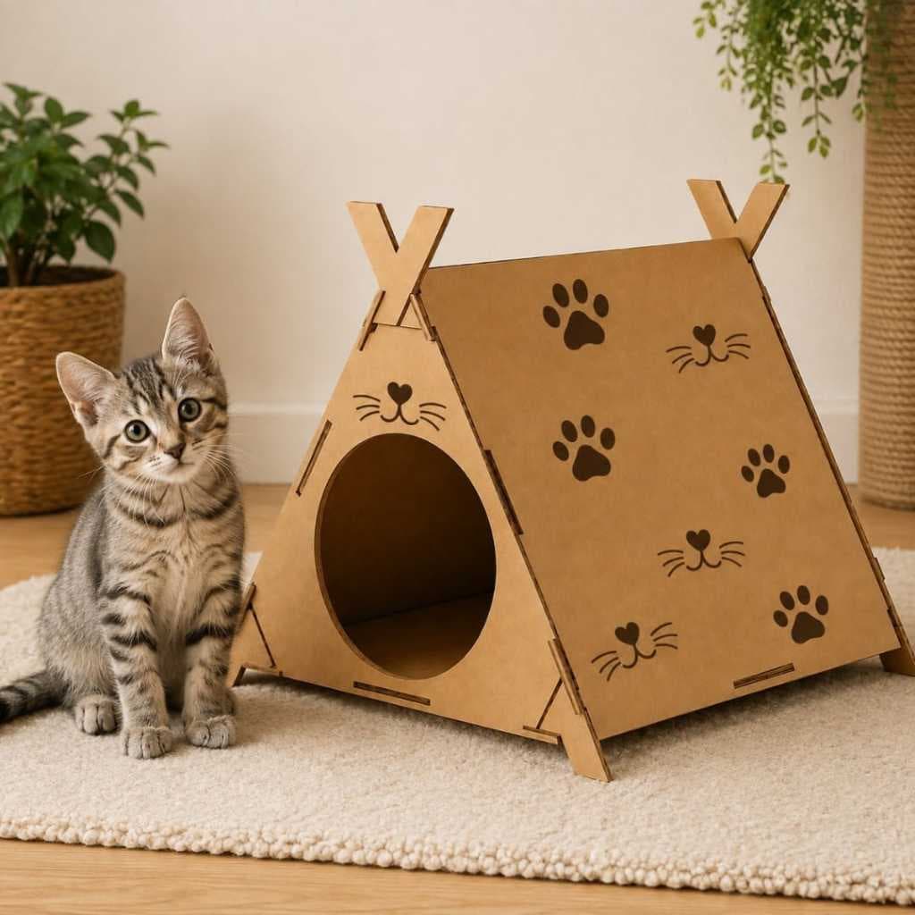 Cabana Casinha Gato Pet MDF Toca Casa Preto Cru Abrigo Confortável Resistente