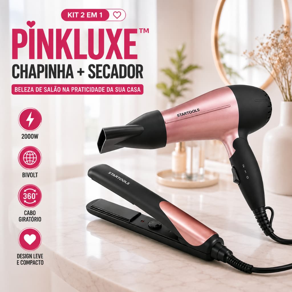 PinkLuxe Kit Chapinha Profissional Bivolt Secador Cabelo Dobrável Rosa Salão Profissional Portátil Secar Alisar