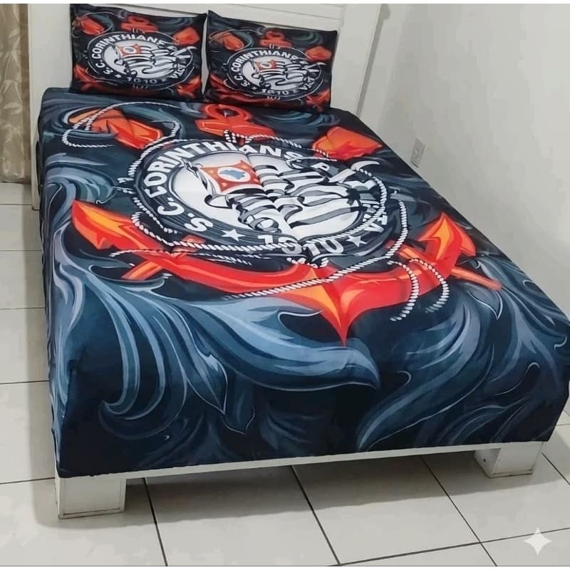 Jogo de Lençol de Time Futebol Casal  3  Peças com Elástico Estampado Cama Casal Torcedor