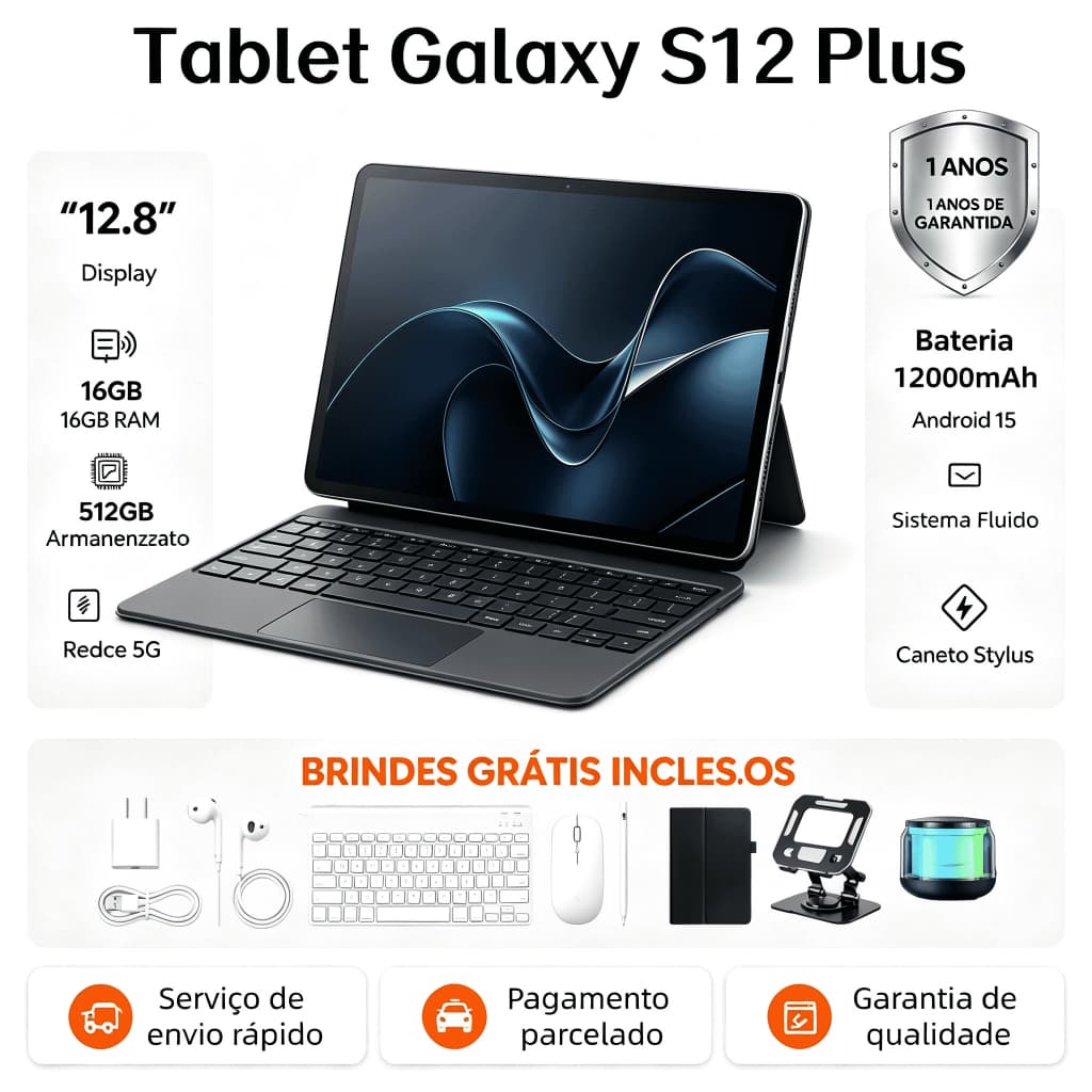 Tablet Galaxy S12 Plus, 12,8 polegadas | 16 GB + 512 GB | 12.000 mAh | Android 15