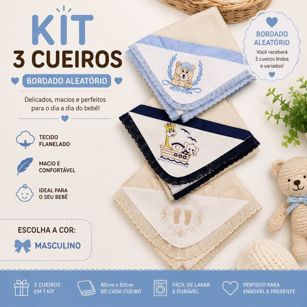 KIT 3 MANTAS CUEIRO FLANELA ENXOVAL BEBÊ MENINO E MENINA BORDADO LUXO TECIDO MACIO 80X80 CM FLANELADO PRESENTE CONFORTO