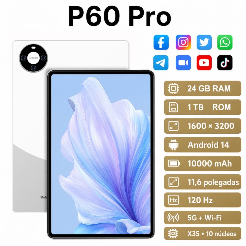 Tablet 11.6'' P60 Pro 24GB RAM 1TB Android 14 5G WiFi 10000mAh Kit Teclado Mouse Capa Caneta