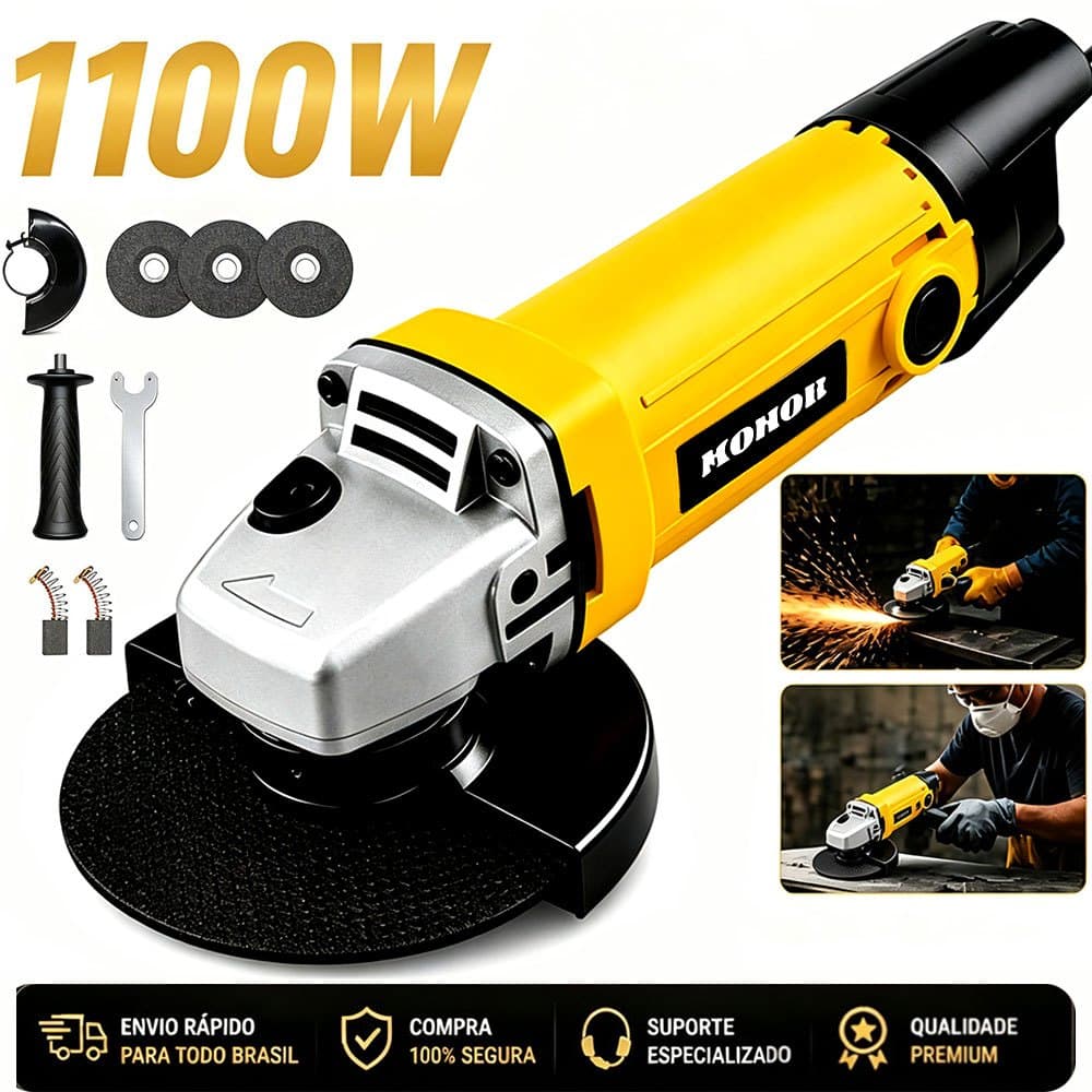 Esmerilhadeira Angular 1100W Bivolt Lixamento 110V/220V Alta Potência Para Corte e Desbaste Metal Ferro