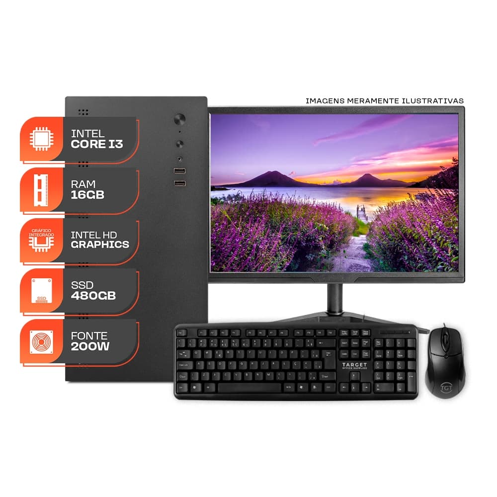 PC Home Essential S, Intel Core i3, 16GB DE RAM, SSD 480GB, Completo com Monitor e Periféricos + Caixa de som