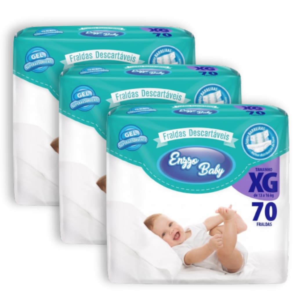 Kit 3 Fraldas Descartavel Infantil Enzzo Baby Tamanho XG - 70 Unidades Total 210 Unidades