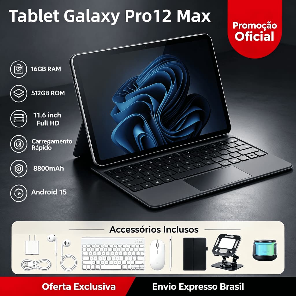 【Teclado e mouse gratuitos】Tablet Galaxy Pro12 Max 11,6 polegadas, 16 GB + 512 GB, 8.800 mAh, 5G com dois chips
