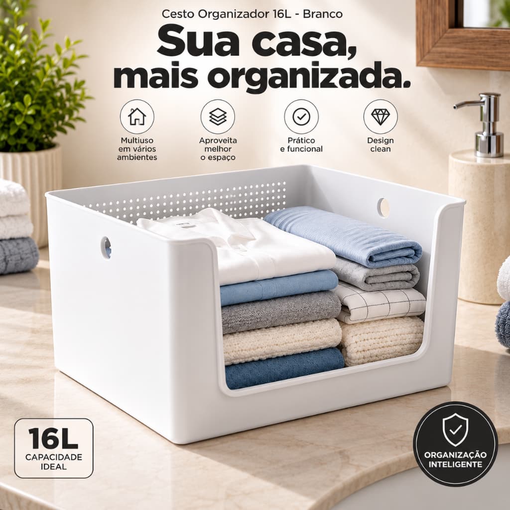 Cesto Organizador 16L Branco Multiuso com Abertura Frontal para Armário, Banheiro, Quarto e Lavanderia