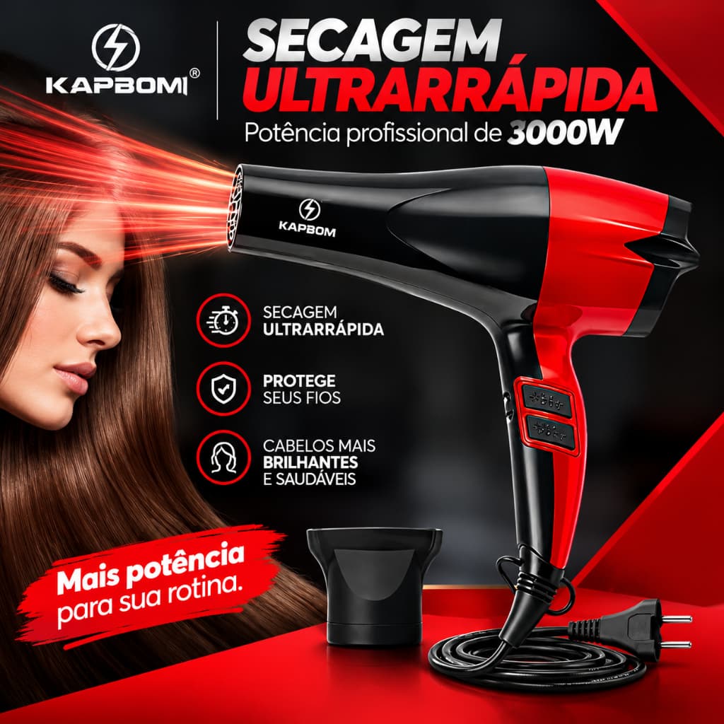 Secador de Cabelo Profissional 3000W 110V Kapbom KA-0922 Motor AC Jato Frio Secagem Rápida