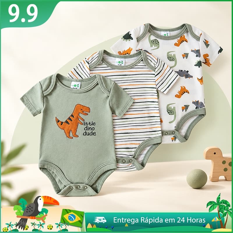 Kit 3 Bodies Bebê Menino Manga Curta Estampados Macios Roupa de Bebê Enxoval P M G