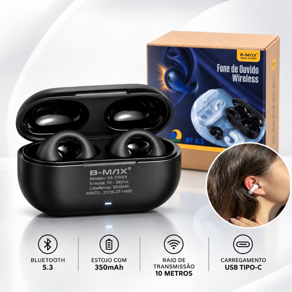 Fone de Ouvido Bluetooth Sem Fio TWS Wireless Bluetooth 5.3 Condução Óssea Esportivo Android iPhone Preto B-Max BM-229